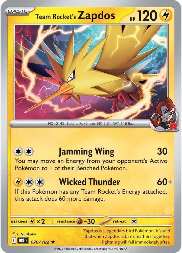 [Reverse Holo] DRI 070/182 Team Rocket's Zapdos R